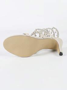 Women's Slim High Heel Sandals, Fashion Simple Straps Rhinestone Snake Wrap Round Toe, Suitable For Summer & Autumn - Beige - View 6