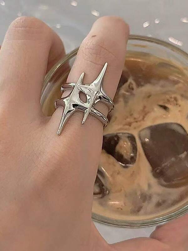3pcs Set Copper Star Open Ring, Fashionable Adjustable Couple Ring, Cross Star 3D Geometric Open Bracelet Ring