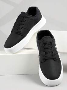 运动鞋男士时尚高端简约纯色系带休闲运动鞋，百搭日常户外通勤舒适步行鞋 - 黑色 - 查看 2