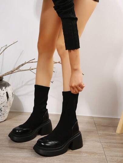 European And American Style Women's Elastic Fabric Fashion Ankle Boots, New Pointed Toe Thick High Heel Black Boots, Comfortable & Versatile