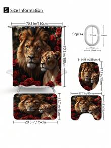1pc/4pcs Lion Rose Pattern Shower Curtain Sets Gifts, Romatic Bathroom Sets With Shower Curtain And Rugs, WaterProof Home Bathroom Decoration And Toilet Floor Mats 3pcs Set With 12 Shower Curtain Hooks Bathroom Accessories Back To School