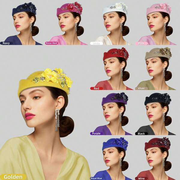 1 Stück Filz Turban Hut Pillbox Hut für Frauen Derby Hut Fascinator Hut mit Blume verziert, elegante Tee-Party Hüte für Damen, vintage Barett Hut dekoriert mit Strass, Mode Fedora Kappe für Cosplay Kostüm Accessoires für Hochzeitsparty Frauen, Damen Geschenk