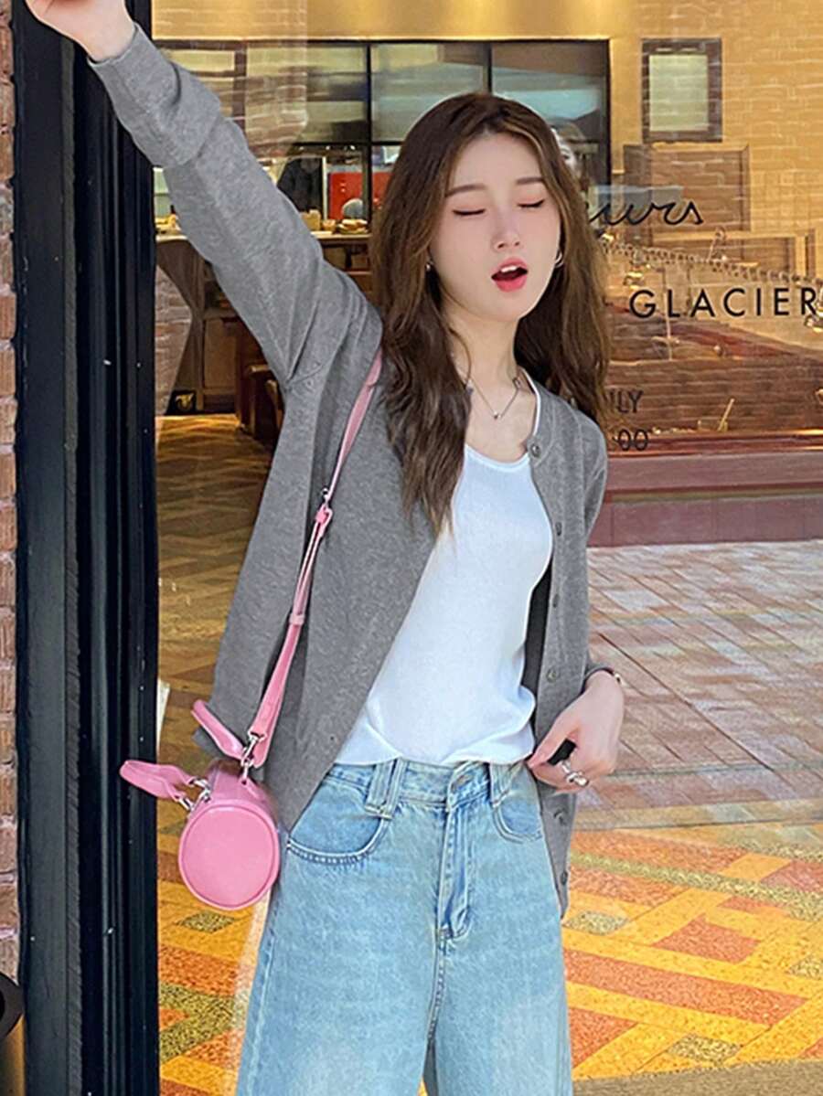 女士休闲柔软舒适百搭圆领开衫 - 灰色 - 查看 1