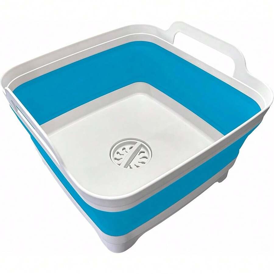 New 9L (2.4Gallon) Dish Basin Collapsible  Drain Plug Carry Handl , Space Saveing  Storage Tray Dish Wash Basin, Portable Dish Tub For Camping ,RV,Blue