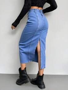 Falda vaquera para mujer, color liso, informal, elegante, para fiesta, con bolsillos, cremallera y botones, para uso diario. - Lavado ligero - Ver 2