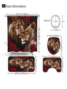 1pc/4pcs Lion Rose Pattern Shower Curtain Sets Gifts, Romatic Bathroom Sets With Shower Curtain And Rugs, WaterProof Home Bathroom Decoration And Toilet Floor Mats 3pcs Set With 12 Shower Curtain Hooks Bathroom Accessories Back To School
