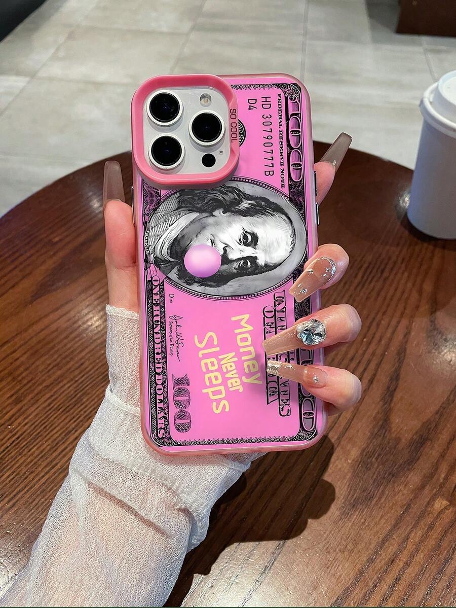 1pc Pink, Money, Quote Pattern Silver Laser Mobile Phone Case, Laser IMD Mobile Phone Case, Suitable For All Models Of Apple Mobile Phone Cases, Can Be Used For Apple 11/12/13/14/15/16/Pro/Plus/Pro Max/16e Mobile Phone Cases - 粉色 - 查看 1