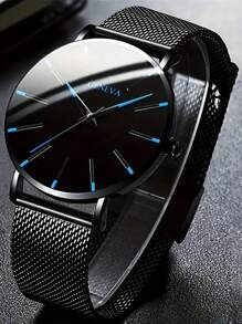 Montre à quartz de mode pour homme avec décoration bleue et rouge, bracelet en maille d'acier inoxydable, cadeau stylé