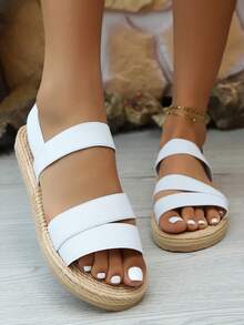 女士松紧带一脚蹬平底凉鞋，轻便舒适，草绳底沙滩休闲凉鞋，适合夏季 - 白色 - 查看 4