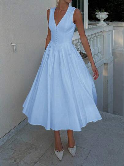 2025 新品优雅法式 V 领收腰喇叭下摆无袖中长连衣裙，复古法式风情，春夏时尚，撞色喇叭裙，非常适合家庭聚会、节日派对、特殊场合