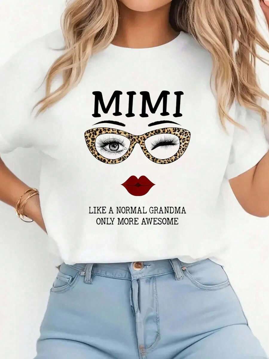 Mimi Like A Normal Grandma Only More Awesome Eyes And Lip T-Shirt Print T-Shirt Casual Crew Neck Short Sleeve Comfort Tee Top For Spring & Summer Women's Clothing - 白色 - 查看 1