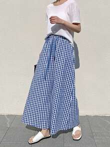 2025新款黑白格子高腰宽松抽绳休闲女裤 - 深色水洗藍 - 查看 5