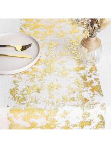 1 Golden Tablecloth, Shiny Metallic Gold Thin Mesh Tablecloth Roll 28 Cm X 275 Cm, Fabric Desktop Decoration For Event Parties, Suitable For Wedding Bride Gift-Giving Parties And Birthday Parties