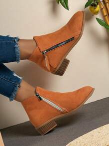 Botas Ankle de Salto Grosso Femininas, Botas Curtas de Zíper Lateral de Salto Baixo, Botas Femininas de Bico Fino de Cor Sólida para o Inverno