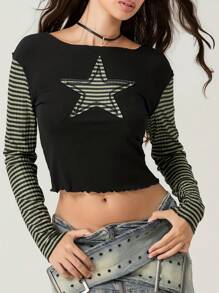 Women T-Shirt Long Sleeve Crew Neck Star Stripes Slim Fit Ladies Tops For Casual Daily