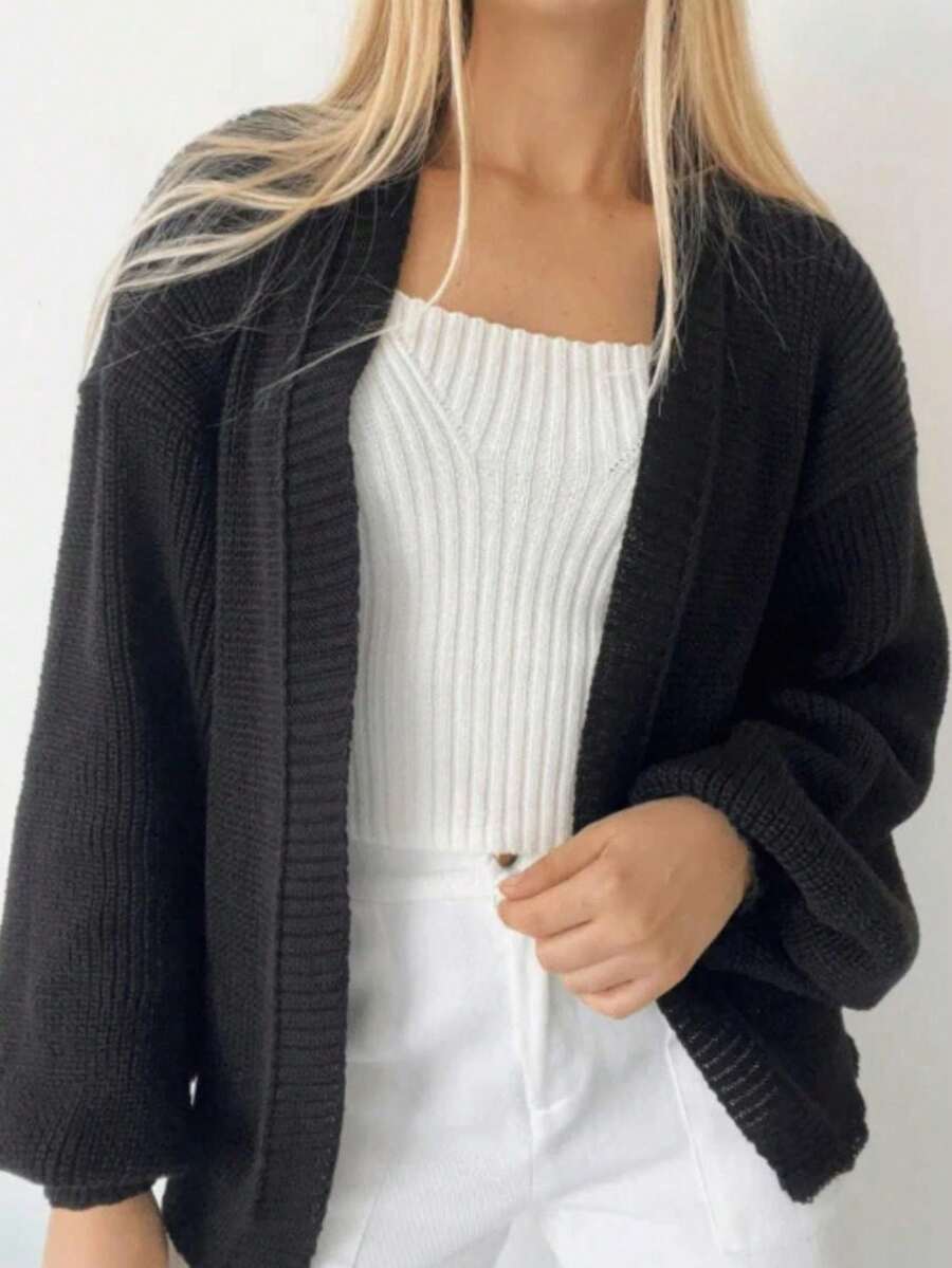 Women's Basic Knitted Coat Long Puff Sleeve Knitted Cardigan Winter Fashion - 黑色 - 查看 1