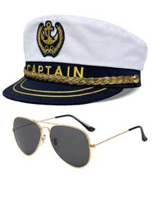 2pcs/Set Unisex Captain Hat, Fun Summer Yatch Party Hat (Captain Hat + Sunglasses), For Beach Party