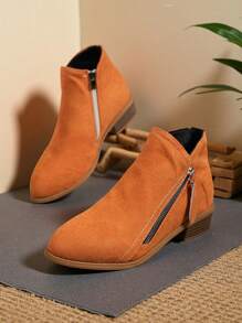 Botas Ankle de Salto Grosso Femininas, Botas Curtas de Zíper Lateral de Salto Baixo, Botas Femininas de Bico Fino de Cor Sólida para o Inverno