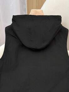 Blusa blanca casual sin mangas para mujer, nueva chaqueta con capucha con cremallera y cordón en unicolor, chaleco casual versátil y ligero sin mangas para mujer, primavera/verano negro - Negro - Ver 9