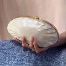 Bolso de embrague con efecto de perla y forma de caja rígida para mujer, color blanco. Bolso de noche de concha acrílica larga para fiesta y eventos, con manija y correa para el hombro/cruzado