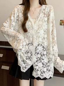Sexy V-Neck Black Lace Sheer Blouse, Lightweight Long Sleeve Cardigan Outwear For Women, Spring/Summer
