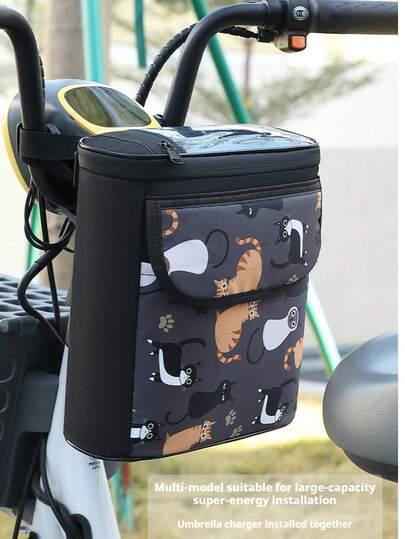 Adjustable Bicycle Handlebar Bag With Phone Pocket, Large Capacity Bicycle Front Zipper Storage Bag With Shoulder Strap, Suitable For Mountain Bike And Road Bike, Random Cartoon Cat Print, Sports Bag For Outdoor Activities, Fitness, Exercise, Large Capacity Travel Bag, Unisex, Essential For Travel, Durable Bicycle Bag, Bicycle Accessories, Bicycle Frame Riding Bag