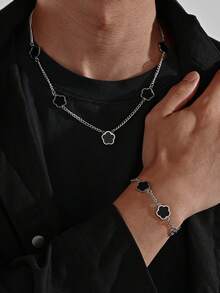 1 套不锈钢男士时尚五叶草手链和项链，适合日常装饰 - 五葉草 - 查看 1