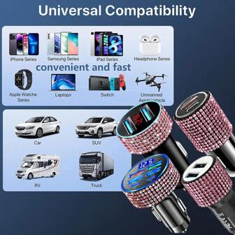 1 件水钻车载充电器三合一快速充电线，带 LED 灯，闪亮快速充电 PD20W QC3.0 USB 车载充电器 C 型水钻适配器，车载兼容 行车记录仪、iPad、GPS，非常适合节日/生日礼物