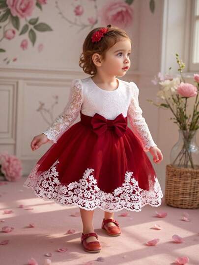 Lace & Tulle Backless Bow Flower Girl Dress, Lovely For Wedding, Party, Birthday, Excludes Headband