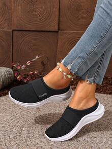 2025新款女士透气拖鞋，休闲运动鞋，纯色系带低帮运动鞋，织物鞋面和橡胶鞋底，平头设计，适合户外休闲，适合所有季节 - 黑色 - 查看 4