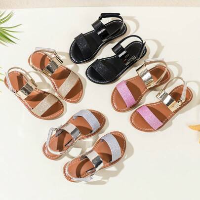 1 Pair Girls Flat Open Toe Sandals, Sparkling Color Block Flat Heel Sandals, Suitable For Spring And Summer
