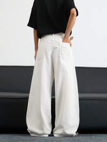 1 Stück japanische minimalistische Patchwork-Nieten-Waschung Herren Loose Fit Weite Bein Lässig Jeans Hose (ohne Gürtel & Zubehör)