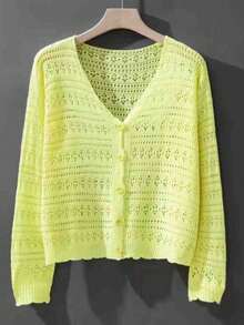 1pc Women's Shrug, Loose V-Neck Hollow Out Knitted Air-Conditioned Shirt, New Style Long Sleeve Sunscreen Cover Up Top Accessories Women