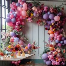 108pcs Colorful Purple, Pink Balloon Flower Wreath Lavender, Lilac Balloons, Different Sizes, Suitable For Baby Shower, Butterfly, Birthday, Wedding, Anniversary Party Decoration
