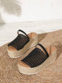 Woven Thick-Sole Women's Chunky Heel Sandals, Open Toe Elegant Comfortable Slip-On Flat House Slippers - Black - View 6
