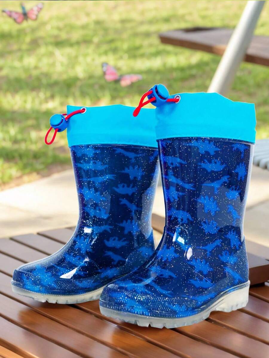 HSYAAMOO 恐龍剪影印花抽繩袖口亮片鞋面防水雨靴，透明防滑鞋底，幼兒男童款
