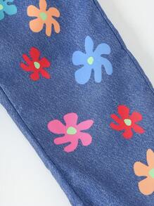 Calça Denim Efeito Denim de Conforto com Estampa de Margarida para Meninas, Comprimento Tornozelo, Verão