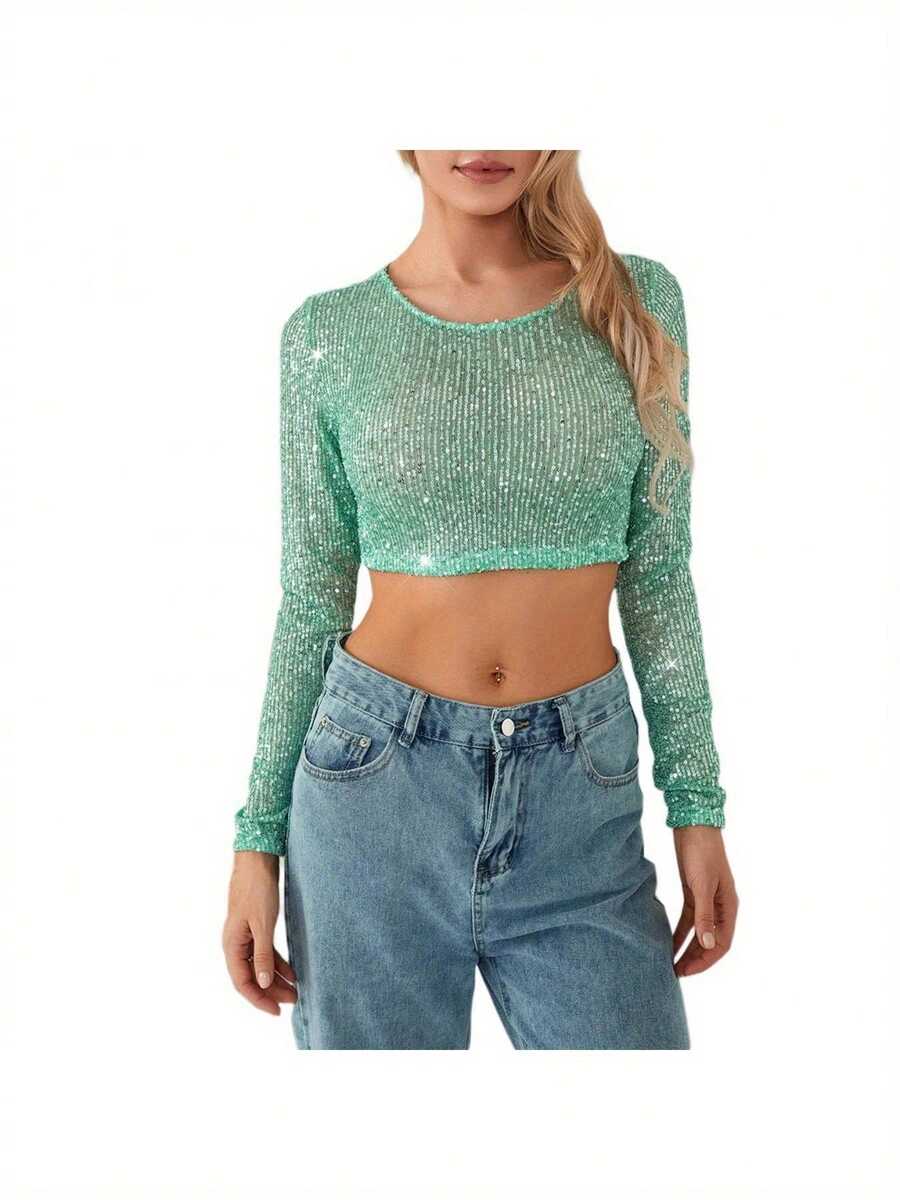 Blusas de fiesta para mujer con mangas largas, cuello redondo, llenas de lentejuelas brillantes y destellos - azul - Ver 1