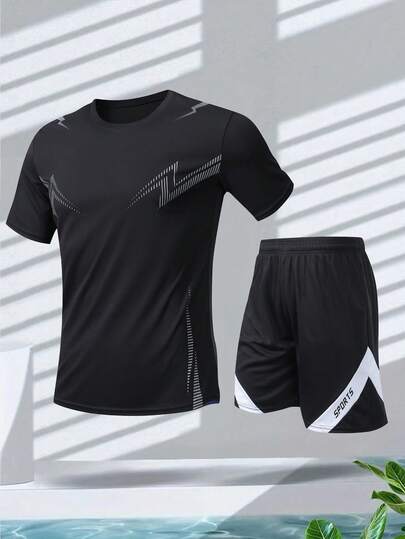KOVSEE 2pcs Men Outdoor Sports Running Basketball Football Jersey Lightning Graphic Quick Dry Breathable Fitness Tracksuit Set