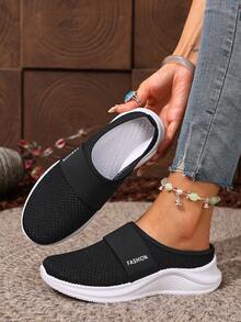 2025新款女士透气拖鞋，休闲运动鞋，纯色系带低帮运动鞋，织物鞋面和橡胶鞋底，平头设计，适合户外休闲，适合所有季节 - 黑色 - 查看 3