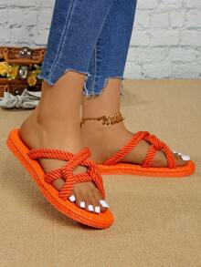 Women Flat Rope Sandals, Open-Toe Summer Dopaine, Full Orange Color Bright Cross, Slip-On Slippers Beach Vacation Braided Flax Sole - Orange - View 5