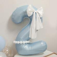 哑光浅蓝色大号数字气球 0-9，蝴蝶结和珍珠装饰摄影道具，适用于生日、派对装饰 - 藍色 - 查看 7