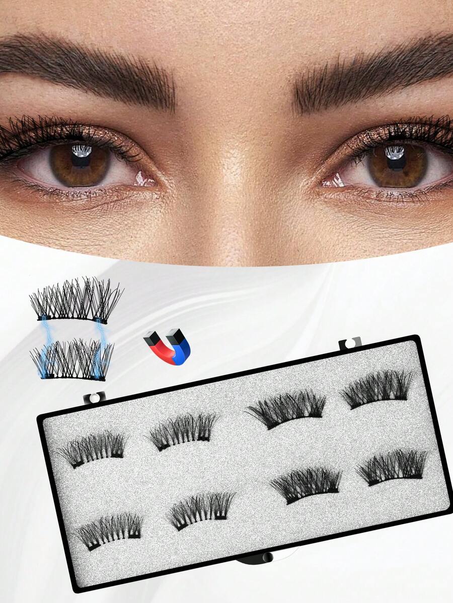 4 Pairs Natural Magnetic Eyelashes Handmade Reusable Magnetic Eyelashes Kit Waterproof, No Glue, Easy To Wear, 3D False Lashes With Applicator For A Dramatic Eye Makeup Look