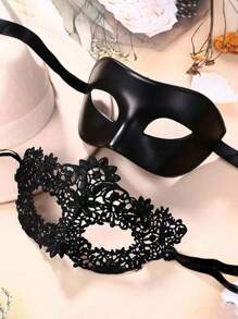 2 PIEZAS Máscaras de maquillaje de encaje negro y plástico diseñadas para hombres y mujeres, ofreciendo una opción elegante para eventos como bailes de máscaras, fiestas de Halloween, o celebraciones del Día de San Valentín