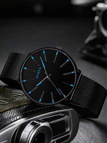 Montre à quartz de mode pour homme avec décoration bleue et rouge, bracelet en maille d'acier inoxydable, cadeau stylé