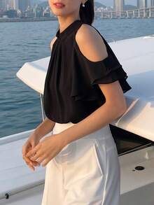 女士休闲系领短袖衬衫，法式露肩设计，夏季黑色 - 黑色 - 查看 5