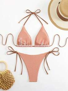 Bộ đồ bơi bikini in họa tiết kẻ sọc xanh trắng mới 2025 dành cho nữ, phong cách Châu Âu và Mỹ - Cà phê nâu - Xem 2