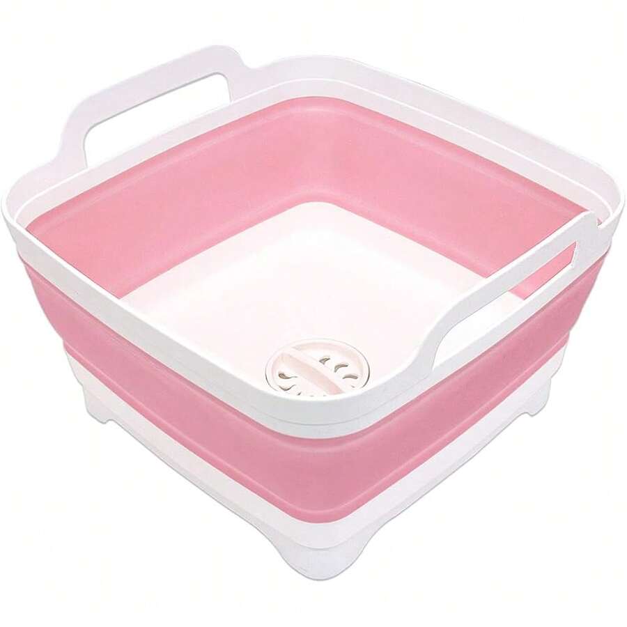 New 2.4 Gal(9L) Collapsible Dish Basin  Drain Plug, Space Saving Outdoor Multiuse Foldable Sink Tub, Dishpan,  Storage Tray For Camping, Vegetable Washing, RV (Pink)