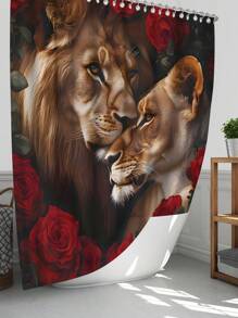 1pc/4pcs Lion Rose Pattern Shower Curtain Sets Gifts, Romatic Bathroom Sets With Shower Curtain And Rugs, WaterProof Home Bathroom Decoration And Toilet Floor Mats 3pcs Set With 12 Shower Curtain Hooks Bathroom Accessories Back To School