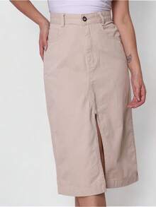 New Women's Slit Denim Skirt With Belt - Beige - View 3